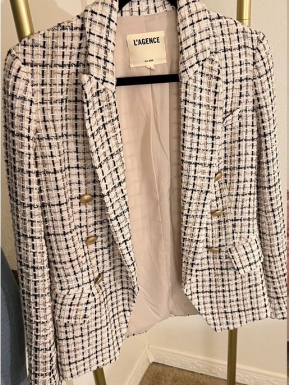 L'AGENCE Ivory and Black Tweed Double-Breasted Blazer with Gold Buttons